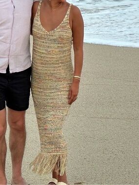 Zara Crochet Maxi Dress with Fringe - Neutral Multi